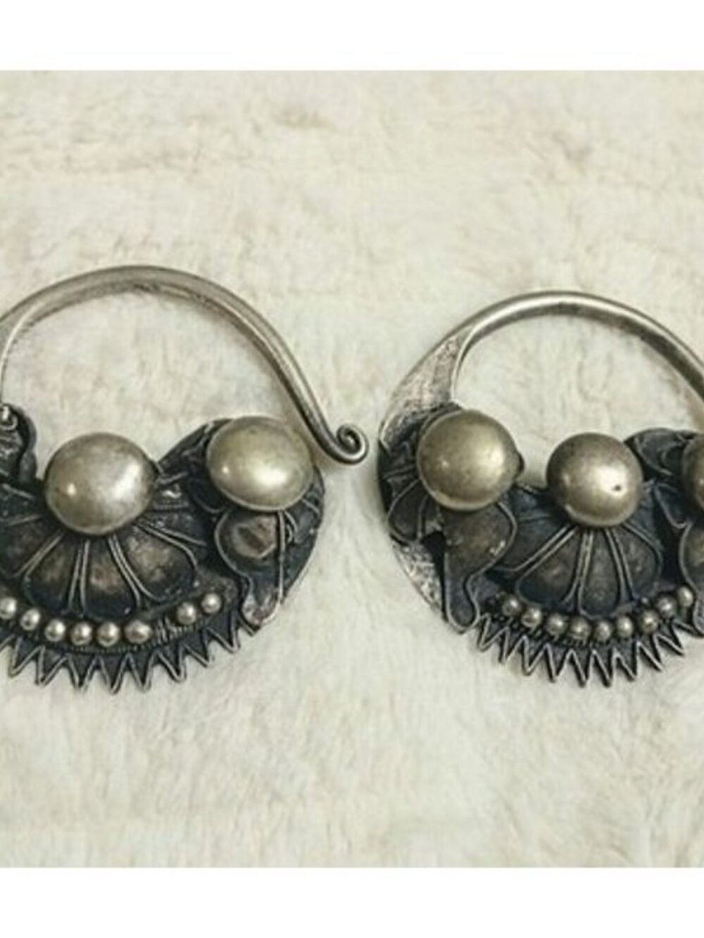 Miao Silver Earrings Chunky Crescent Boat Hoop Studded Domed Tribal Hmong Ethnic